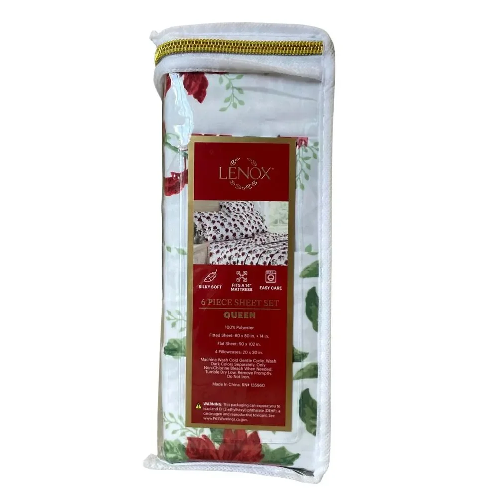 LENOX Poinsettia Christmas 6-Piece QUEEN Sheet Set Holiday Bedding  New